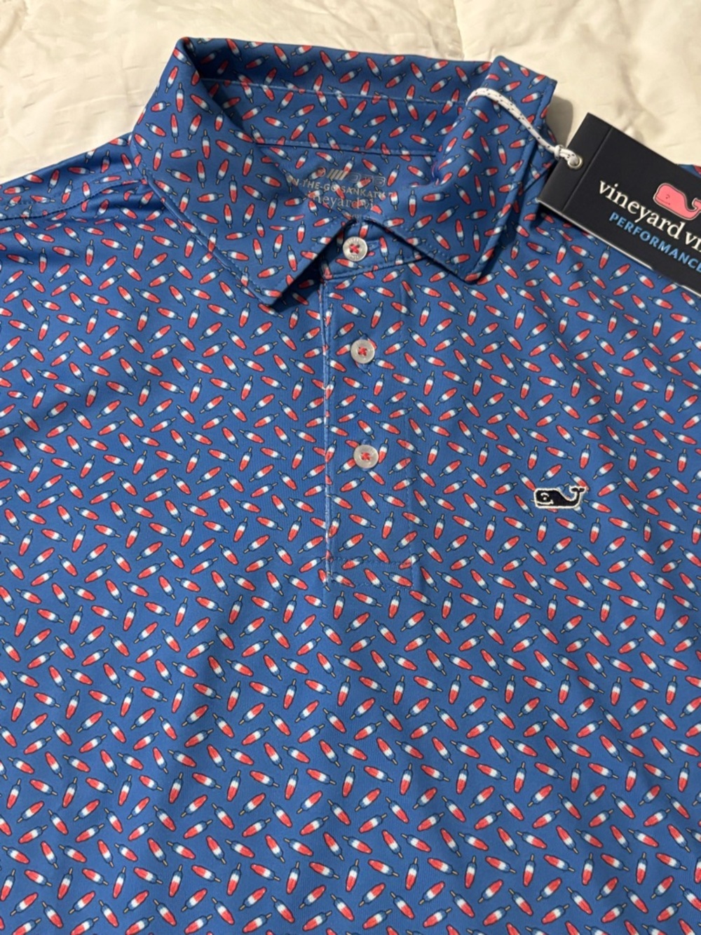 Vineyard Vines Boy’s Blue Performance Polo with Red Print